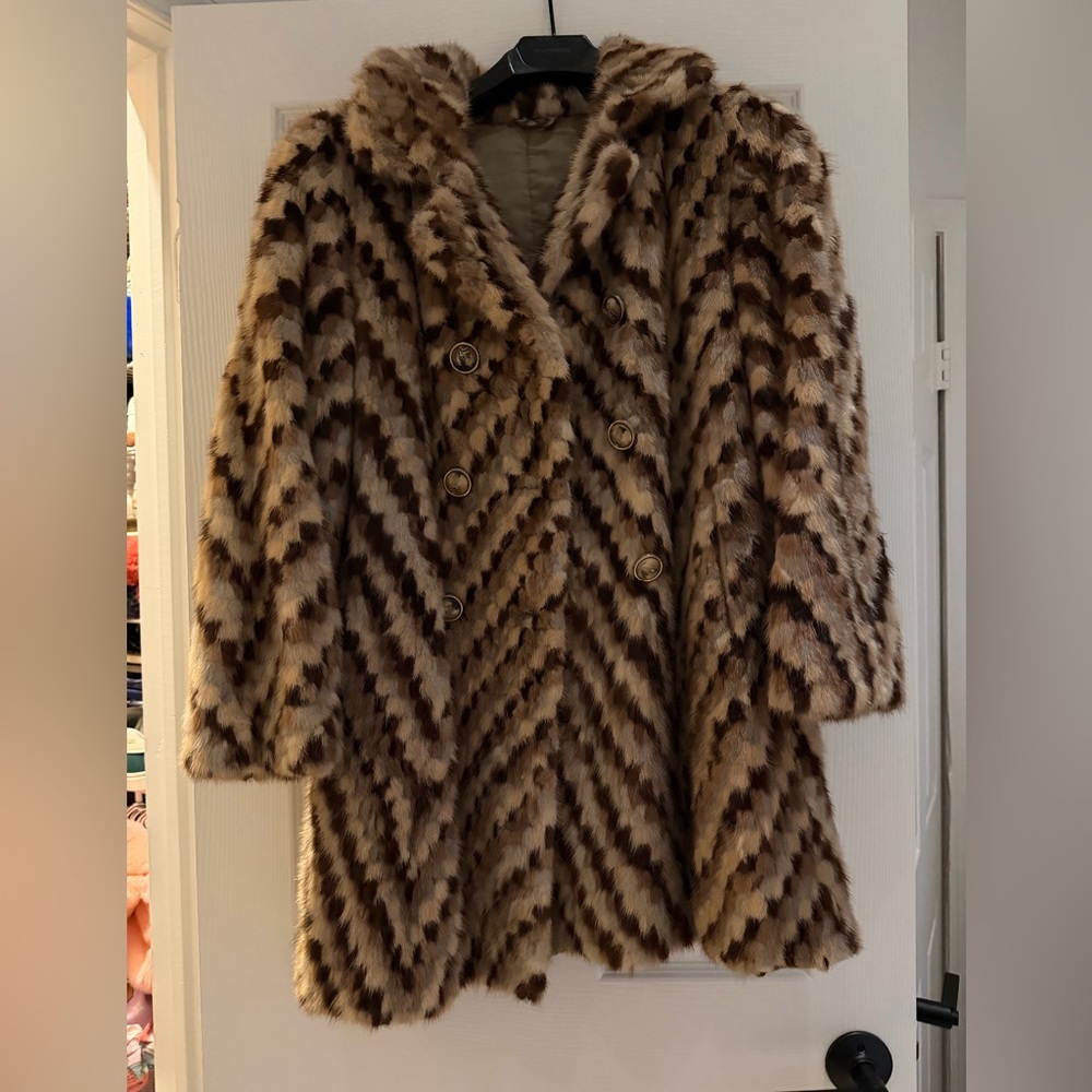 Women's Real mink checkered print Fur Jacket  - Browns/cream/grey  Pattern